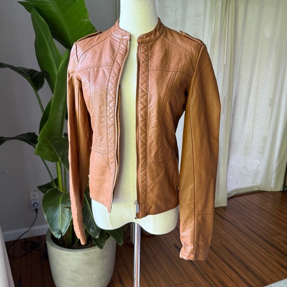 🤎 Foschini Faux Leather Moto Jacket – Caramel Tan – Size 6